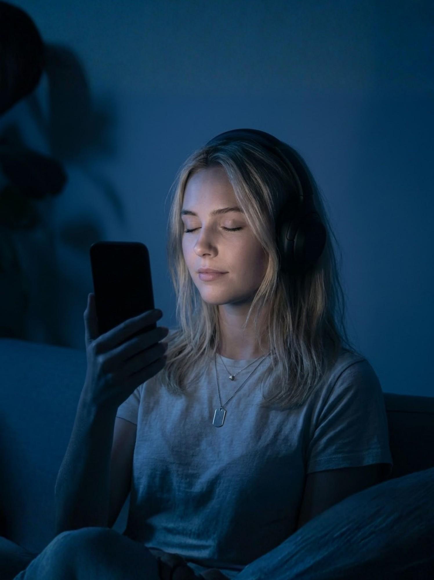 A woman resting with headphones and her phone in a dim blue room